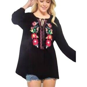Andree By Unit Women's S Black Floral Embroidered Boho Tunic Top